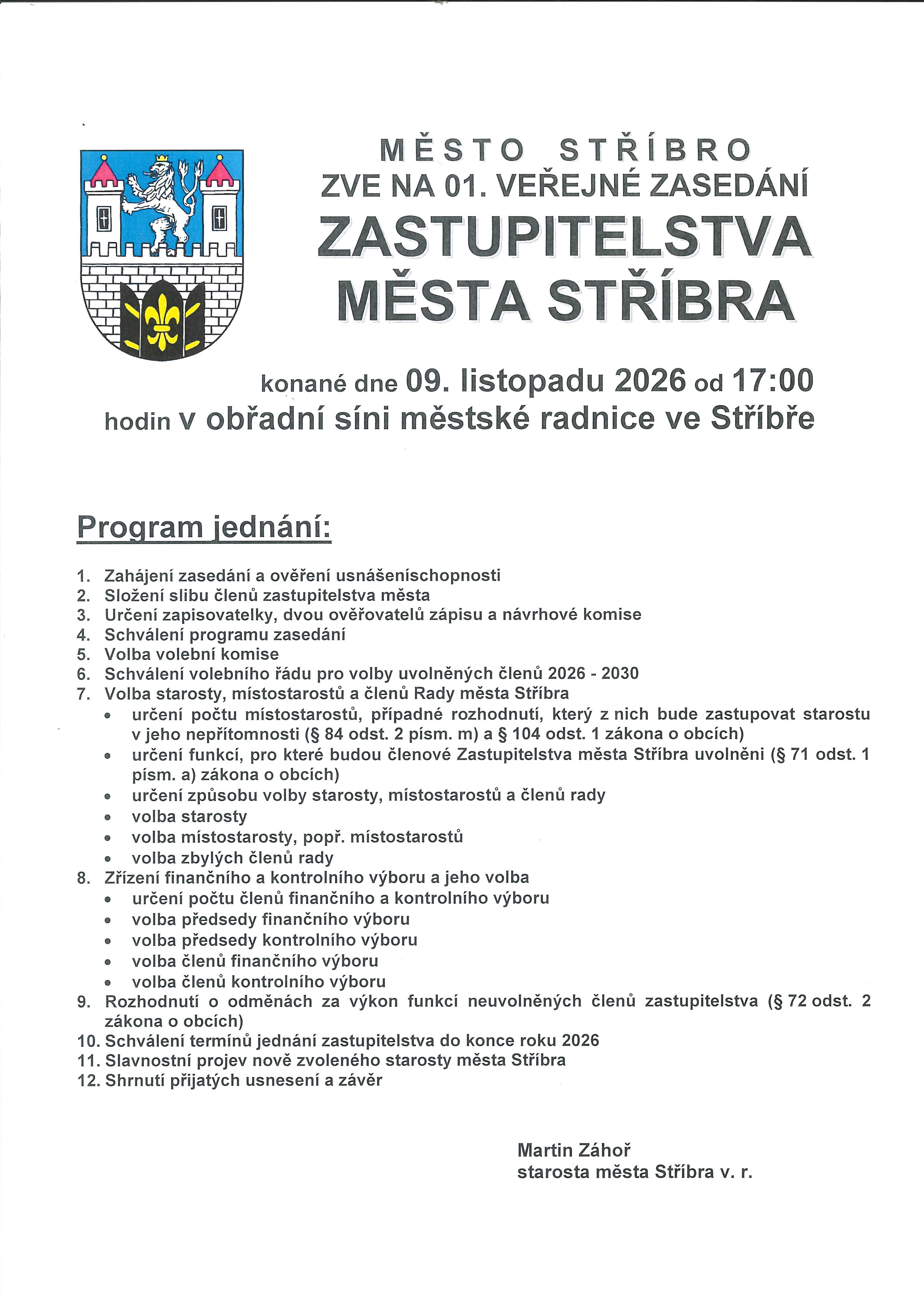1. veřejné zasedání Zastupitelstva města Stříbra